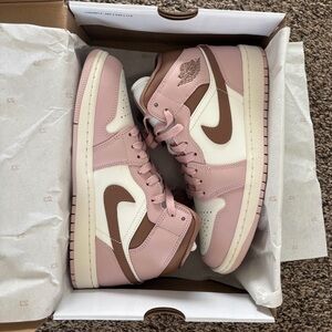 Womens Nike Air Jordan 1 Mid High Top Pink Oxford Brown NWT